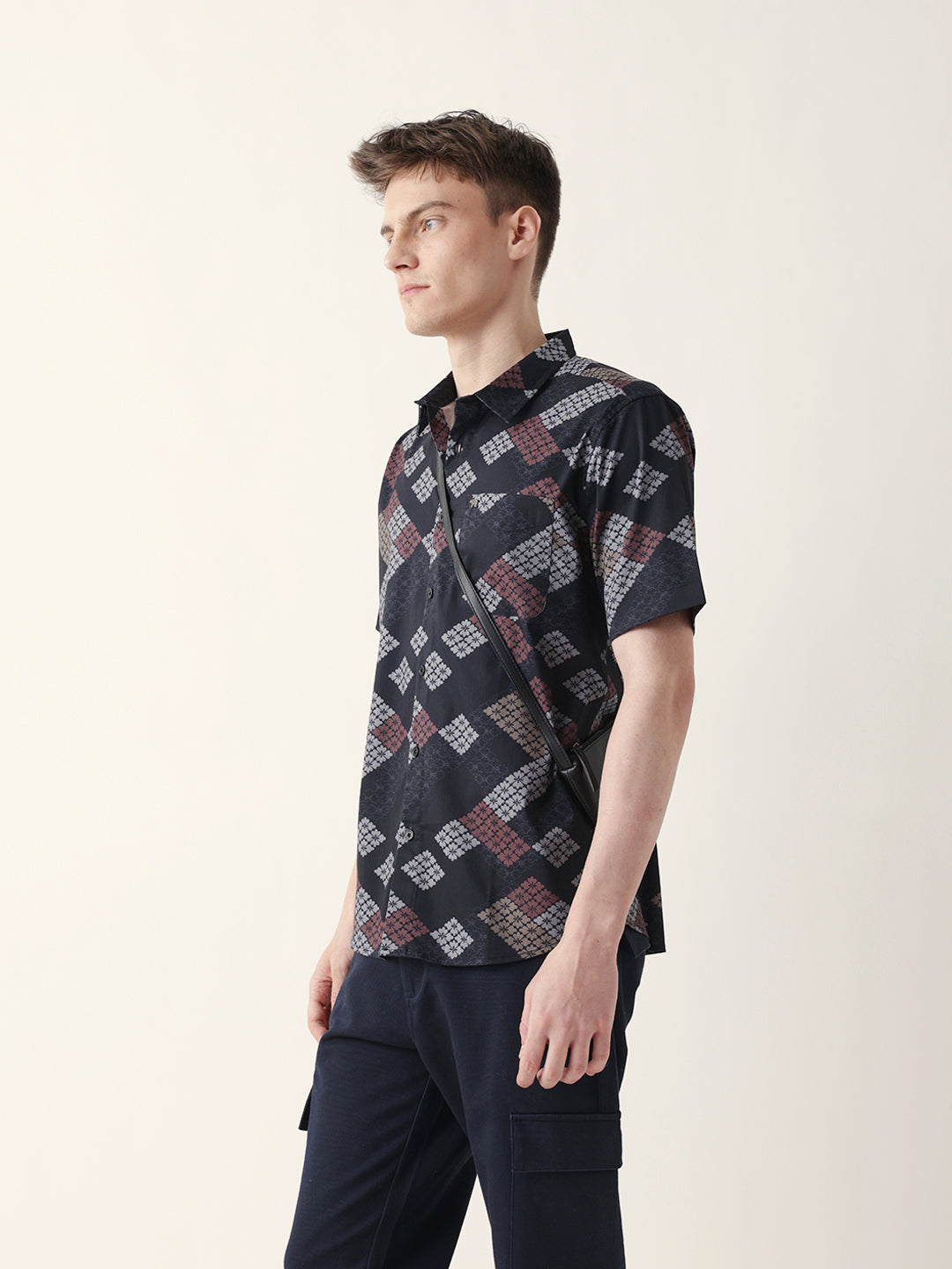Black Regular Fit Casual Shirt with Geometric Floral Grid Print