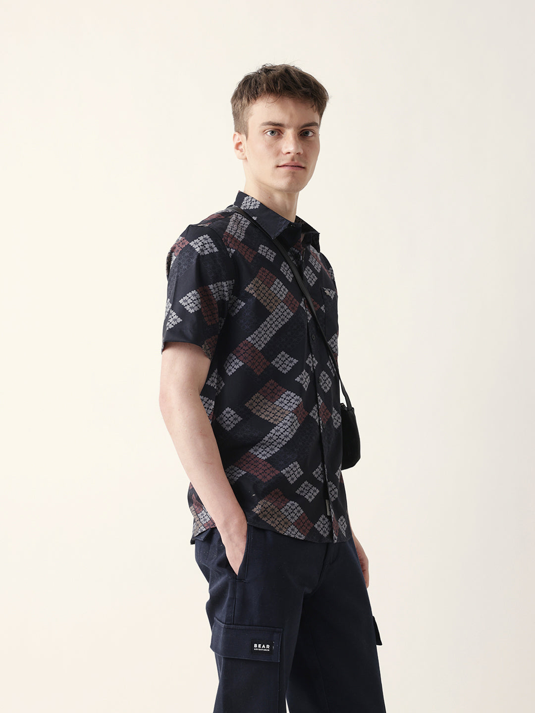 Black Regular Fit Casual Shirt with Geometric Floral Grid Print