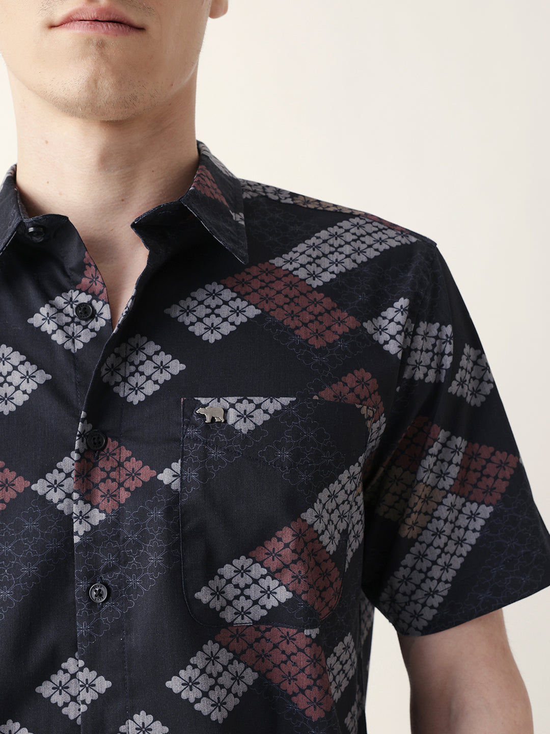 Black Regular Fit Casual Shirt with Geometric Floral Grid Print