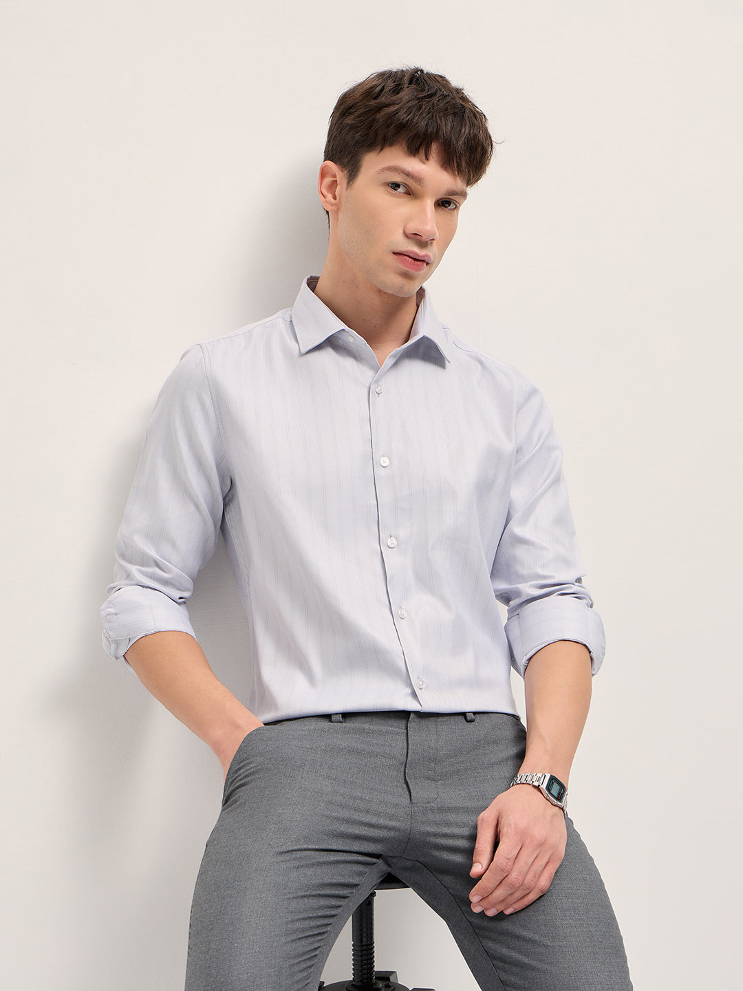 Grey Woven Stripe Pattern Tailored Fit Formal Shirt