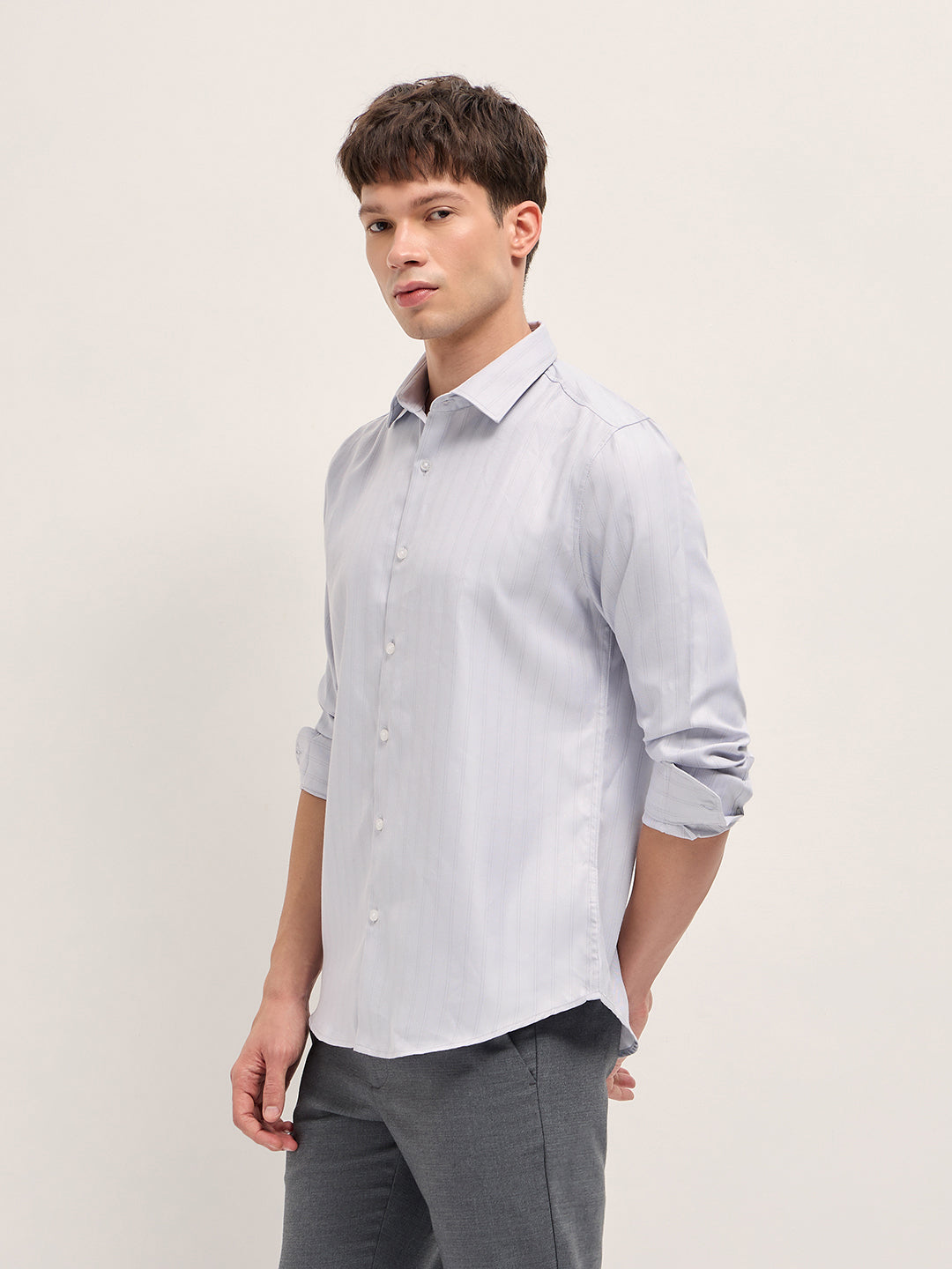 Grey Woven Stripe Pattern Tailored Fit Formal Shirt