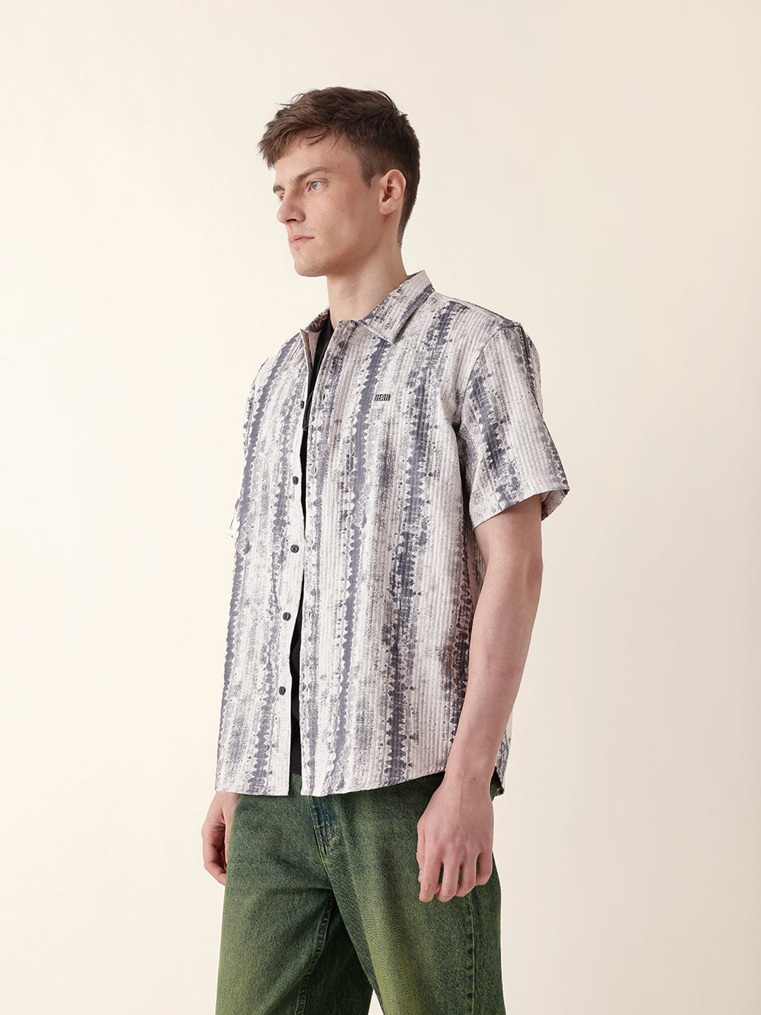 Beige & Grey Abstract Textured Printed Relaxed Fit Casual Shirt