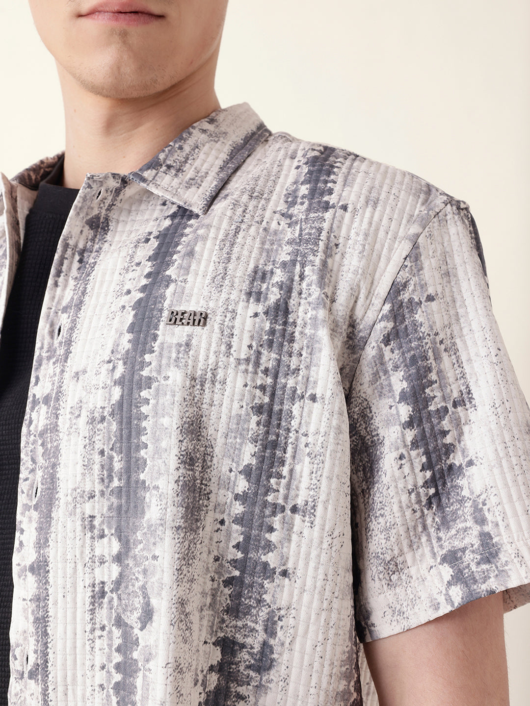 Beige & Grey Abstract Textured Printed Relaxed Fit Casual Shirt