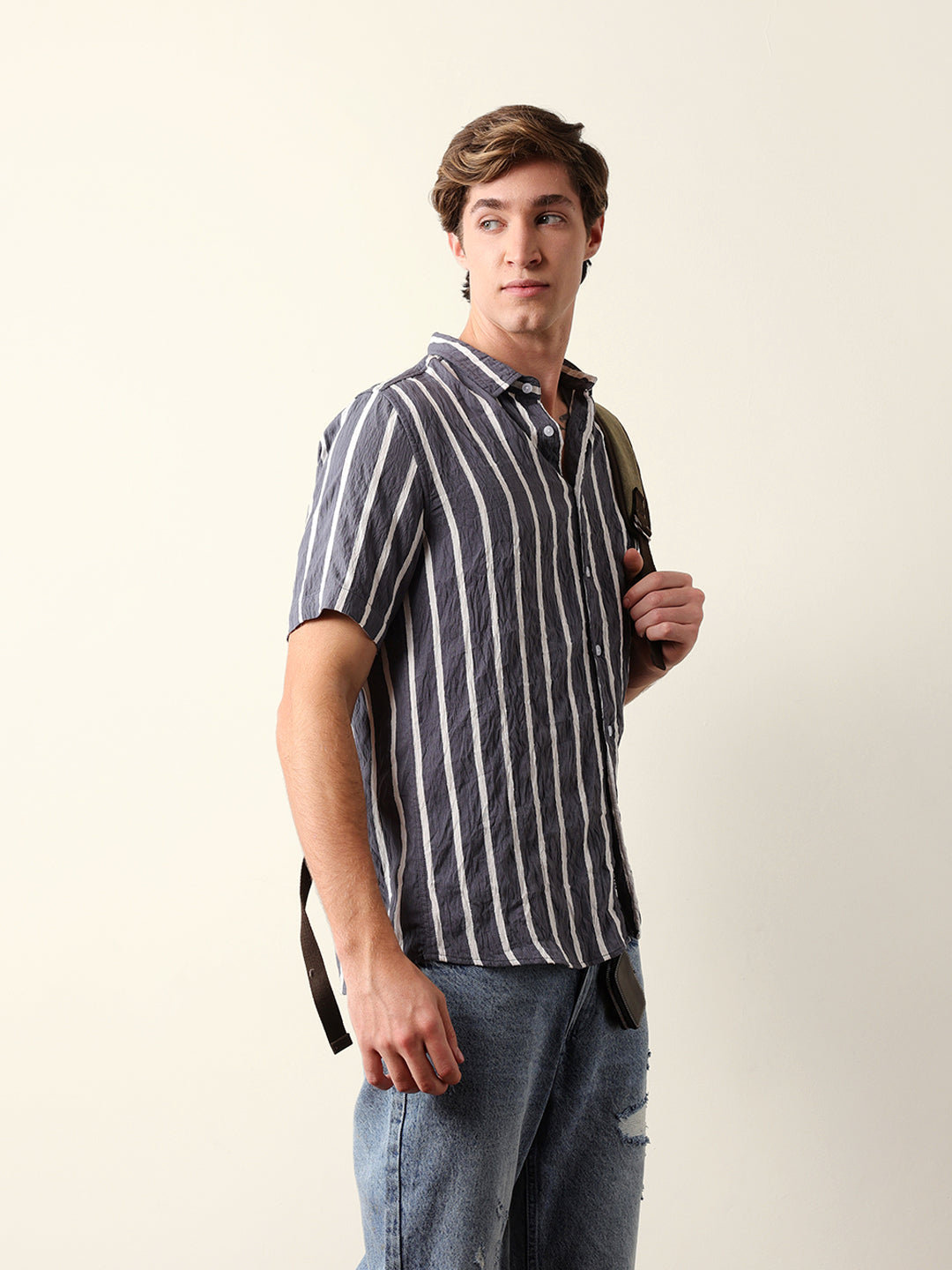 Grey Vertical Stripe Regular Fit Casual Shirt