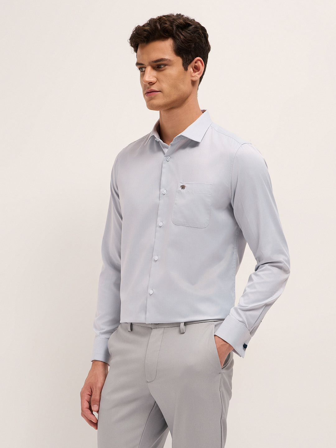 Grey Woven Micro Checks Tailored Fit Formal Shirt