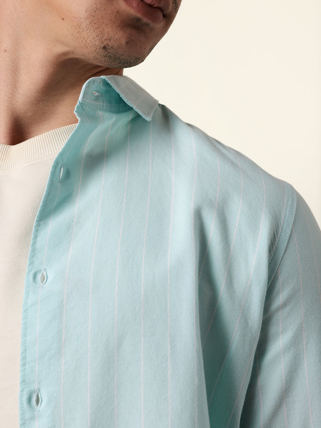 Mint Blue Vertical Woven Stripe Slim Fit Casual Shirt
