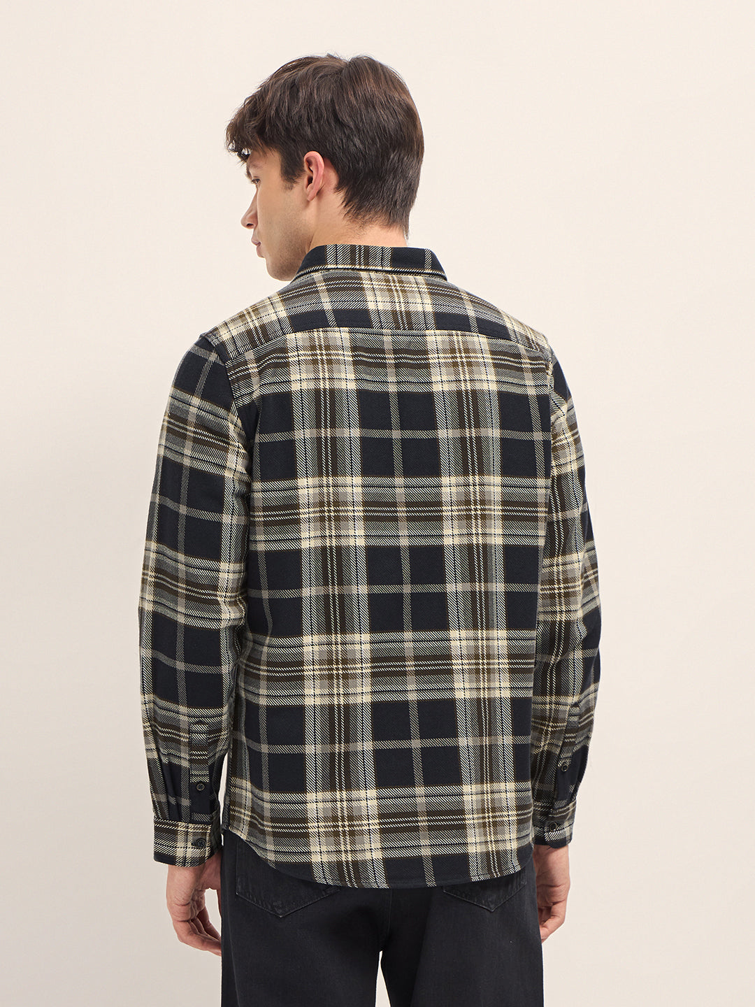 Black & Beige Woven Check Regular Fit Casual Shirt
