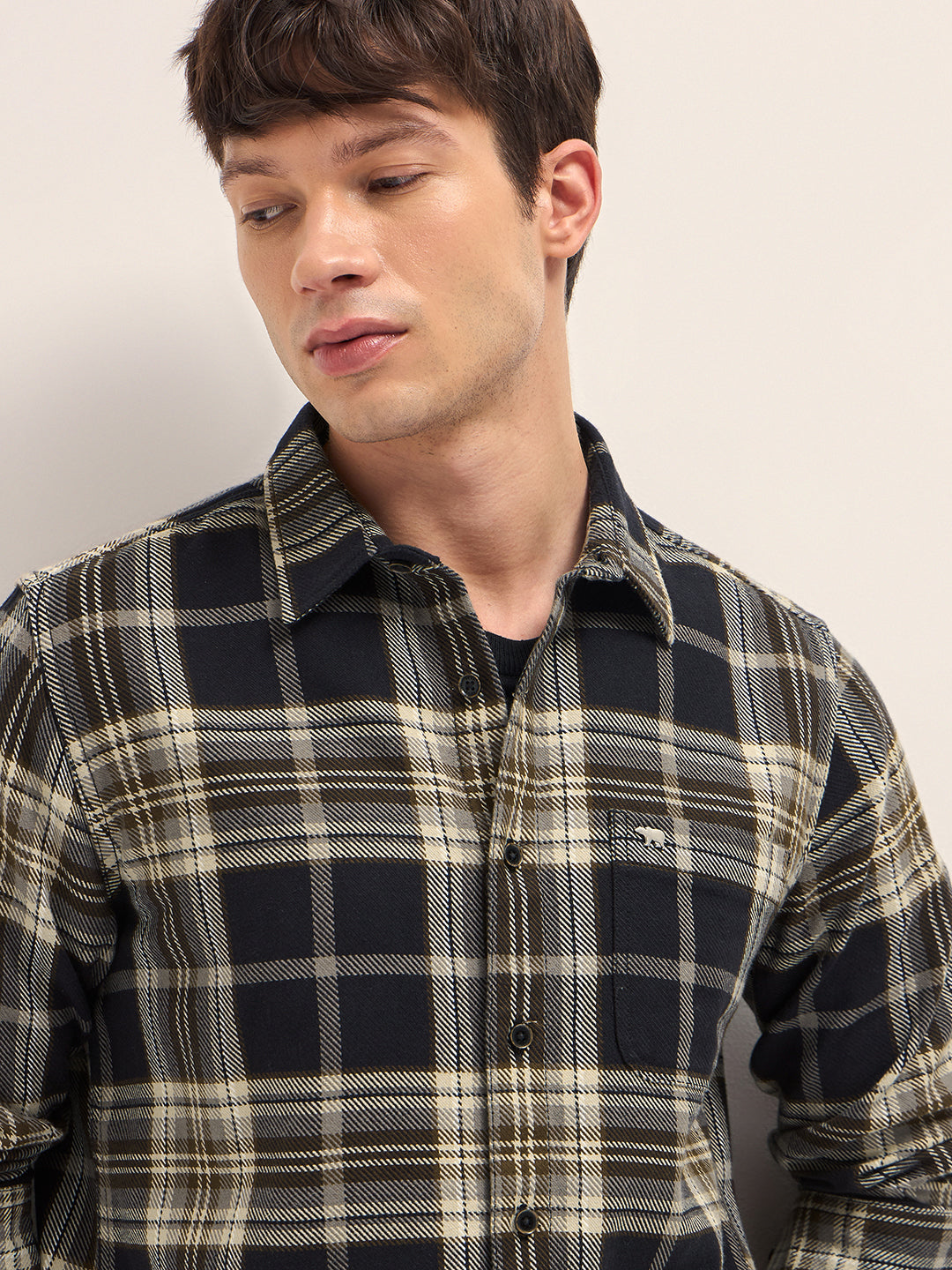 Black & Beige Woven Check Regular Fit Casual Shirt