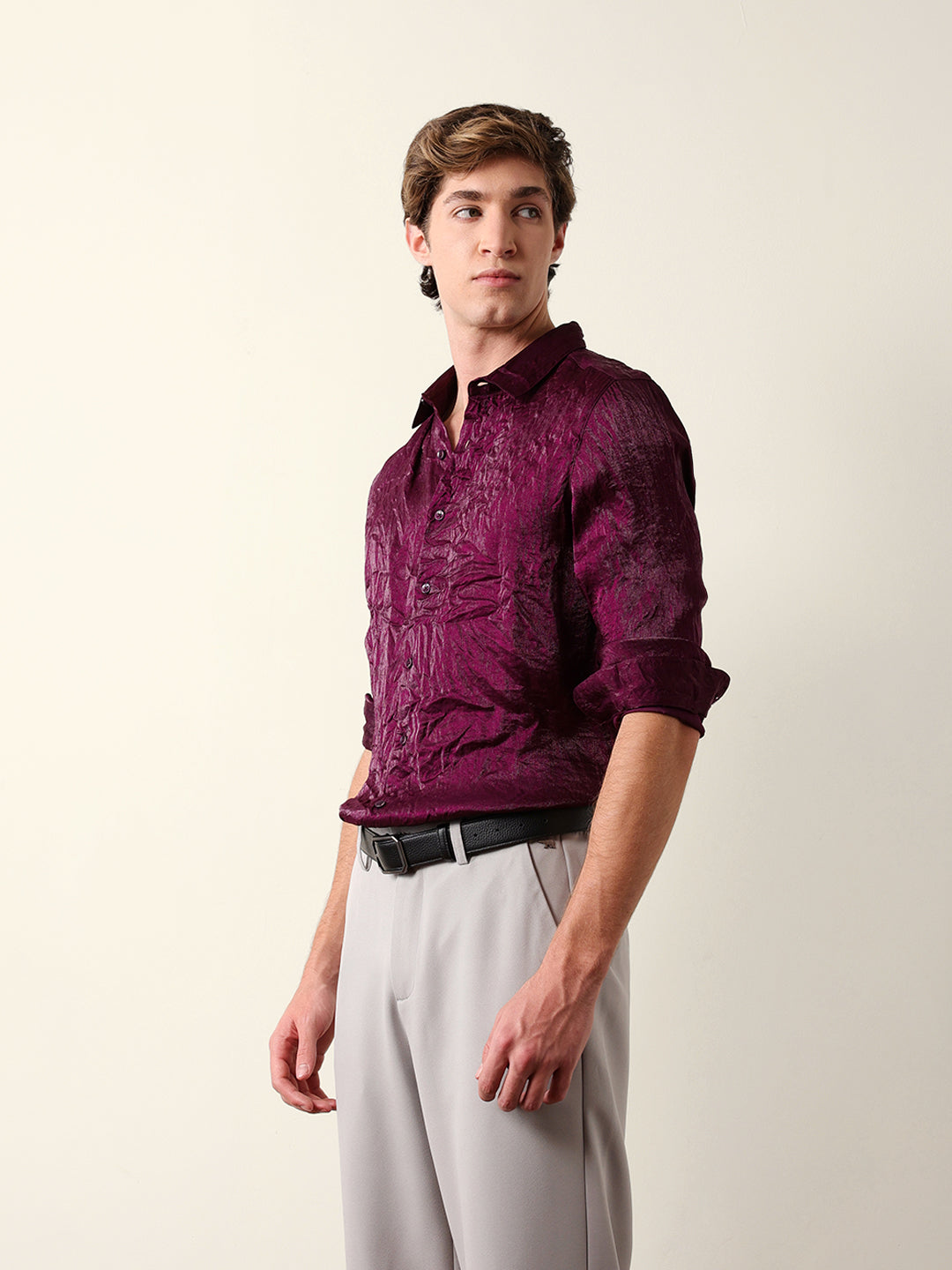 Purple Regular Fit Casual Shirt with Crinkle Effect & Subtle Sheen Finish