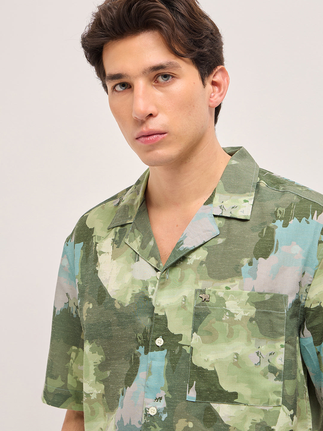 Green Abstract Camouflage Print Oversized Fit Half Sleeve Shirt