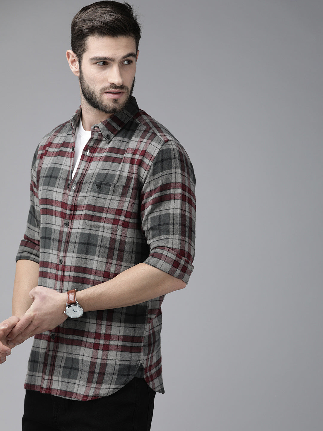 Men Grey Checked Slim Fit Cotton Casual Shirt