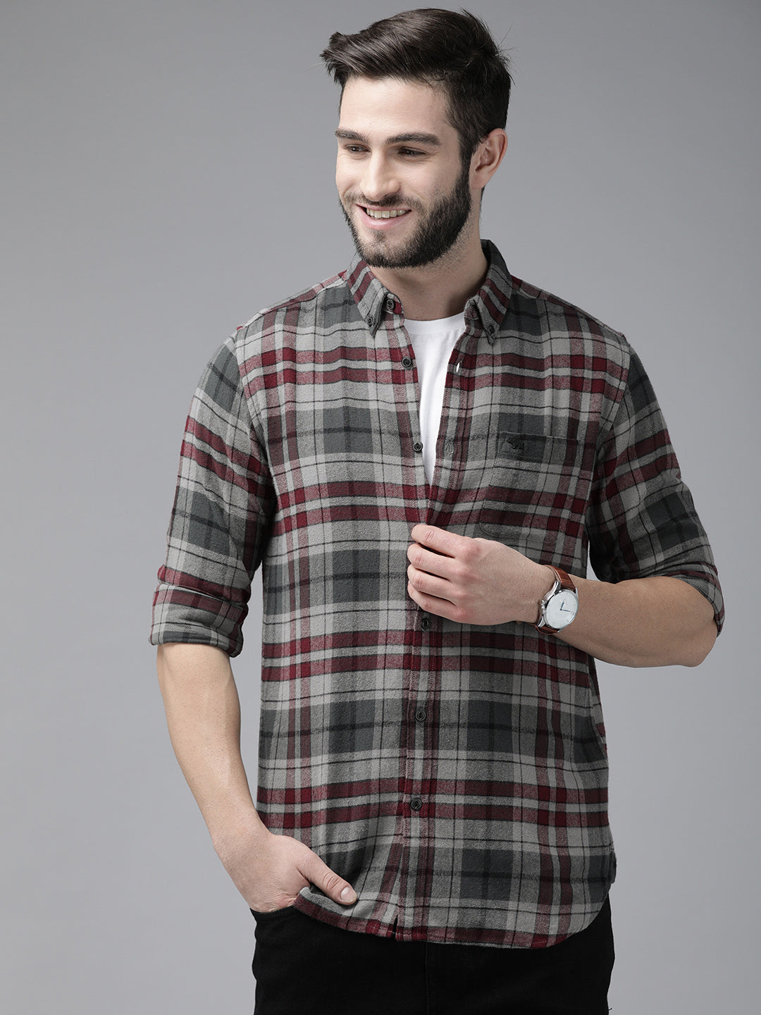 Men Grey Checked Slim Fit Cotton Casual Shirt