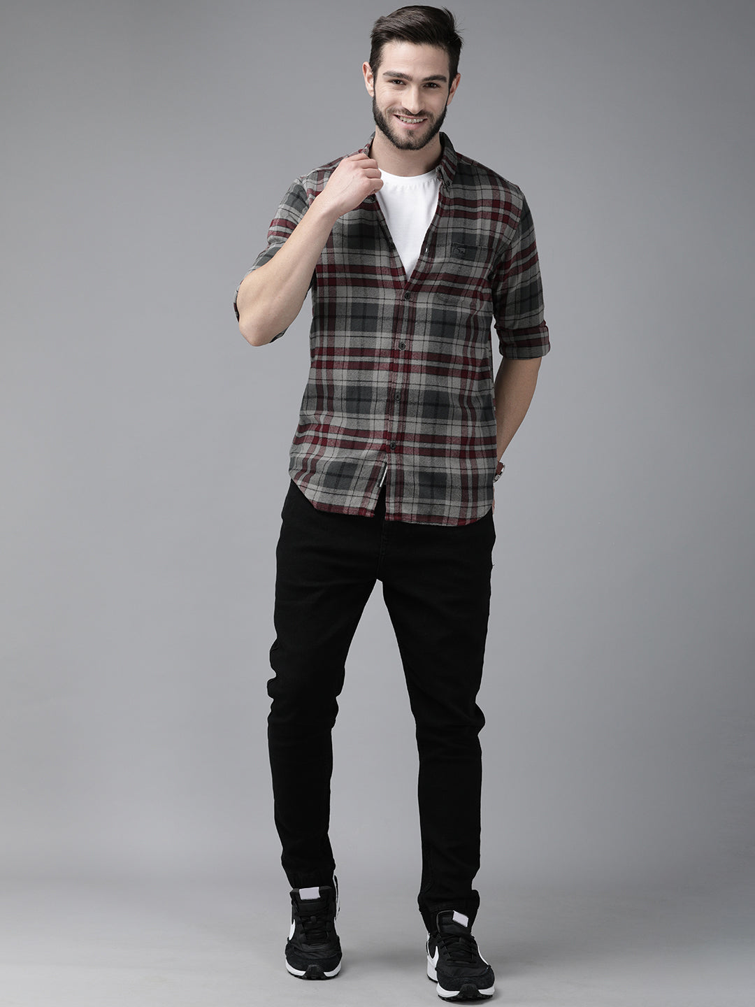 Men Grey Checked Slim Fit Cotton Casual Shirt