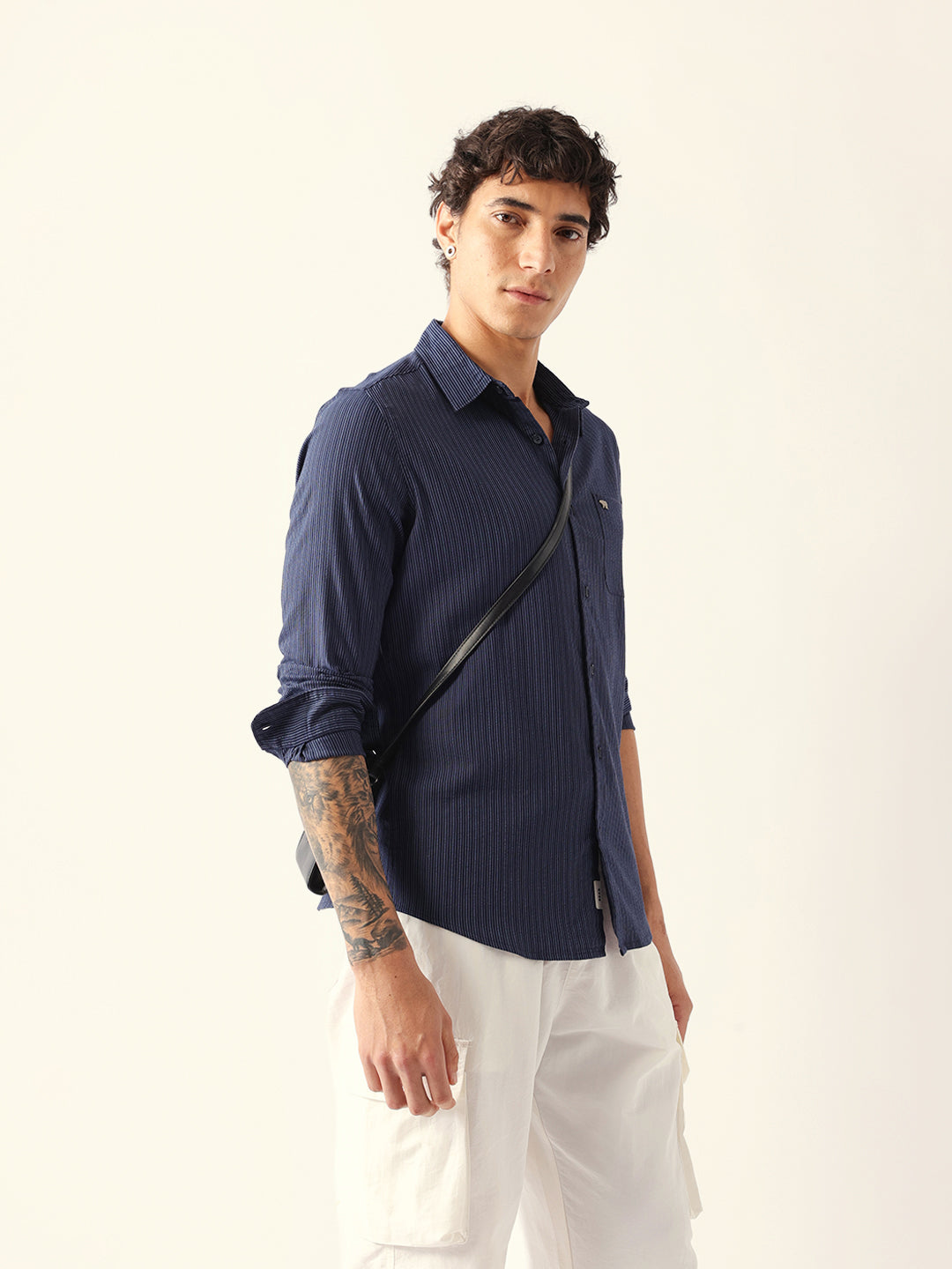 Blue Slim Fit Casual Shirt with Vertical Pine Stripes