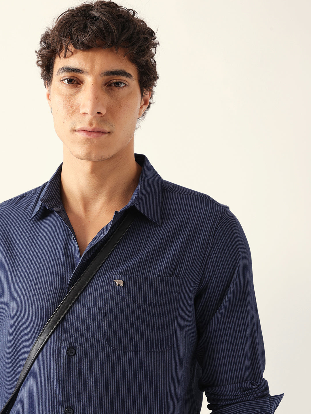 Blue Slim Fit Casual Shirt with Vertical Pine Stripes