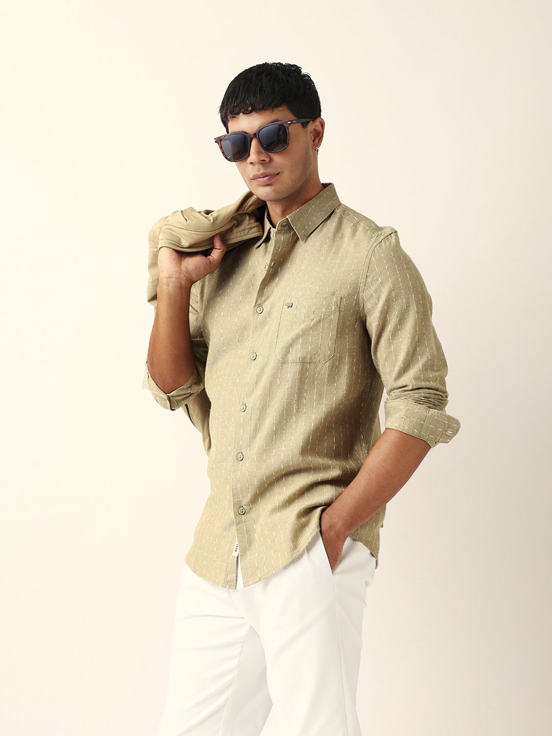 Green Vertical Striped Slim Fit Casual Shirt with Textured Stitch Detailing
