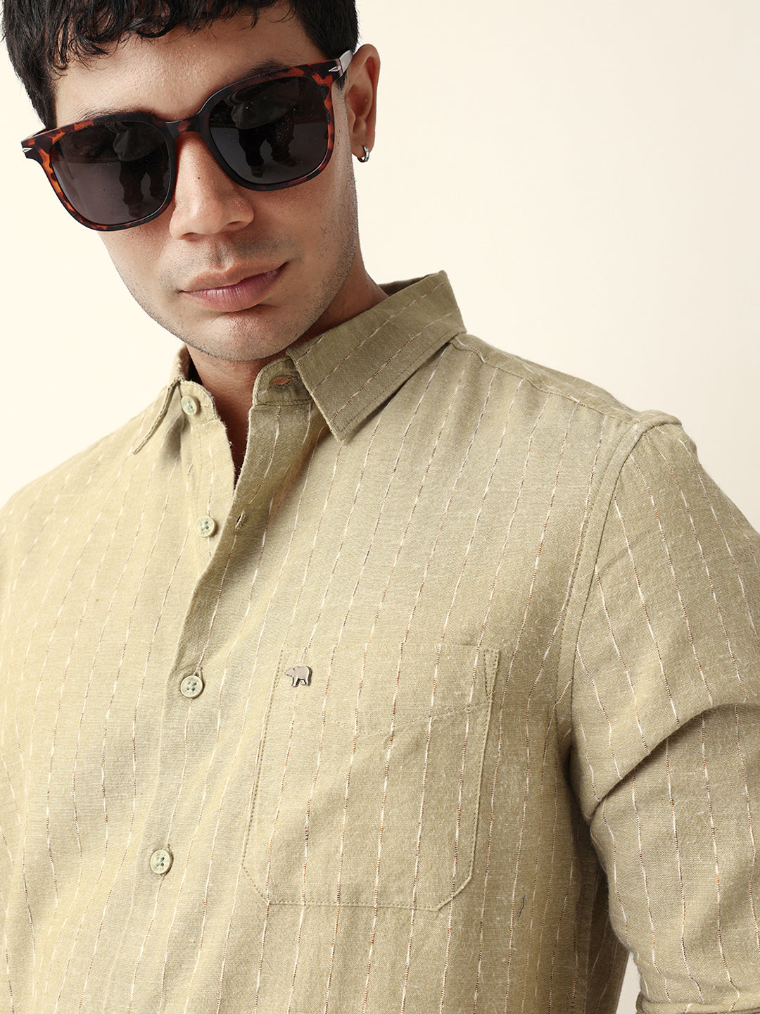 Green Vertical Striped Slim Fit Casual Shirt with Textured Stitch Detailing
