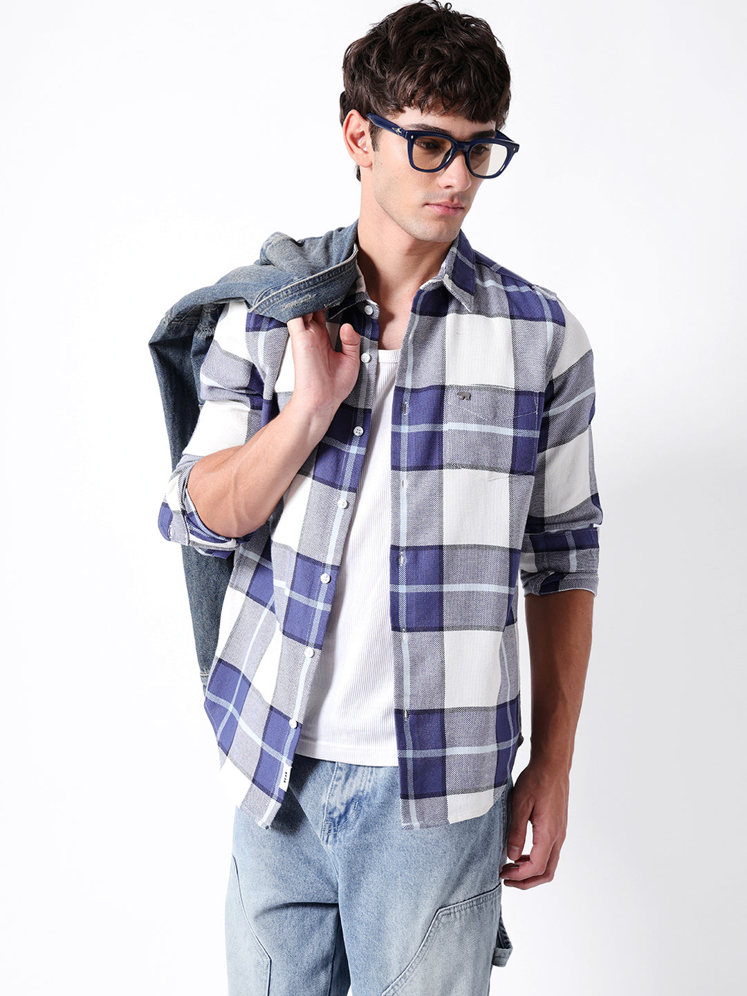 Blue & White Woven Check Slim Fit Casual Shirt