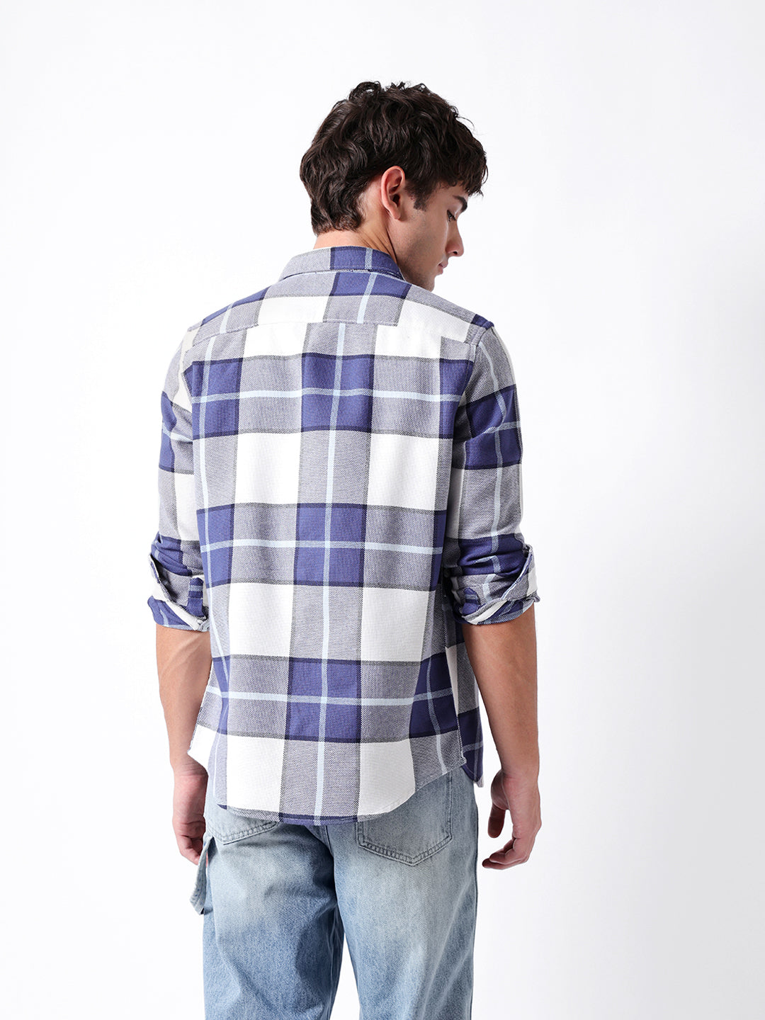 Blue & White Woven Check Slim Fit Casual Shirt