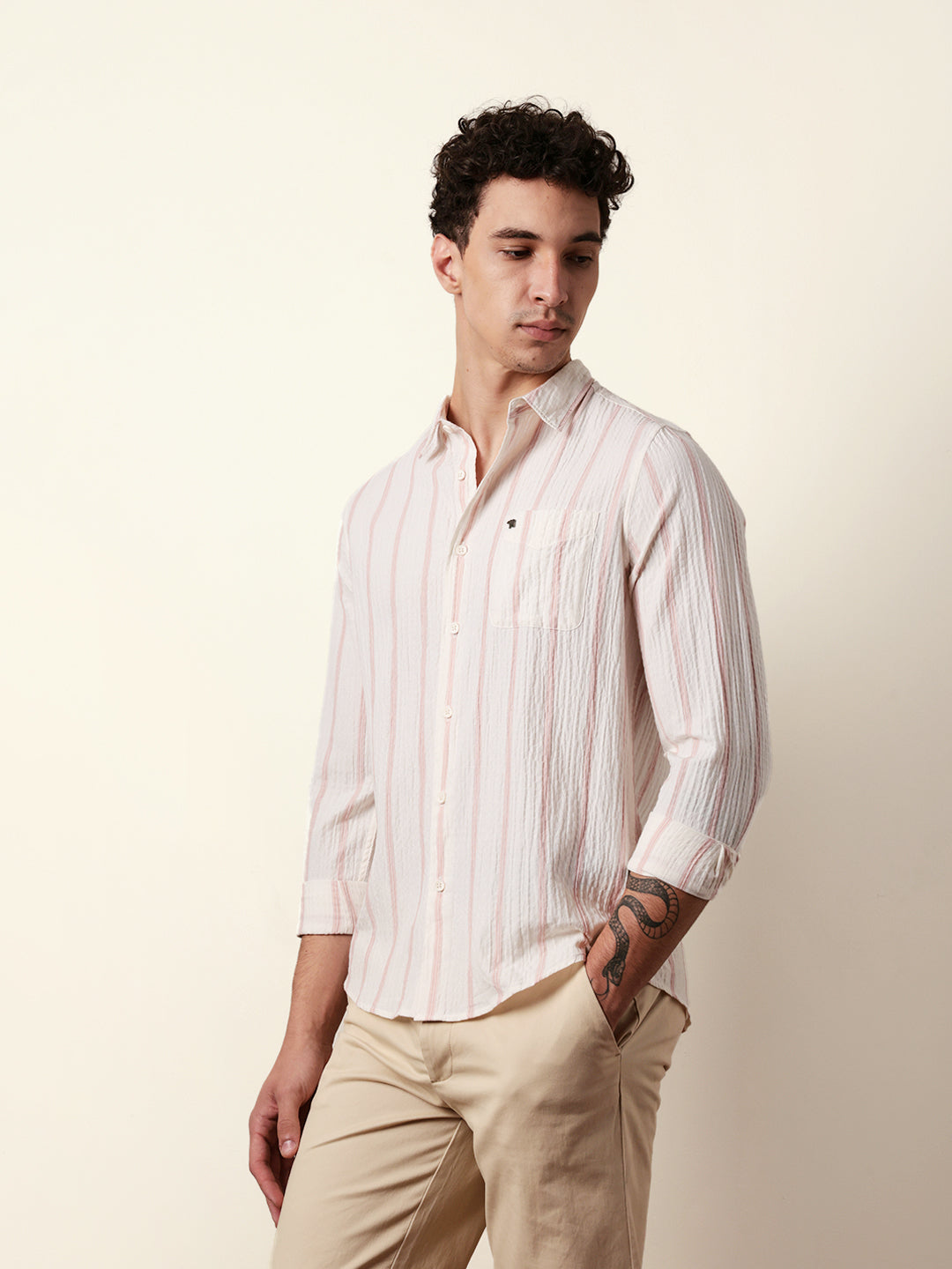 Off white with Pink Vertical Textured Stripe Regular Fit Casual Shirt