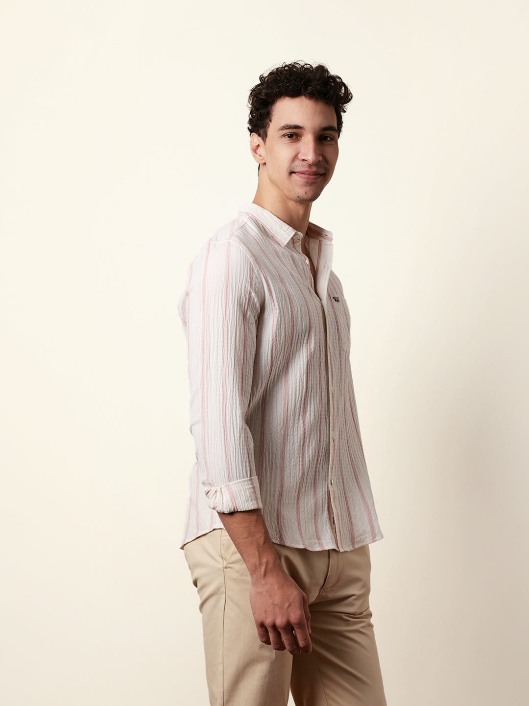 Off white with Pink Vertical Textured Stripe Regular Fit Casual Shirt