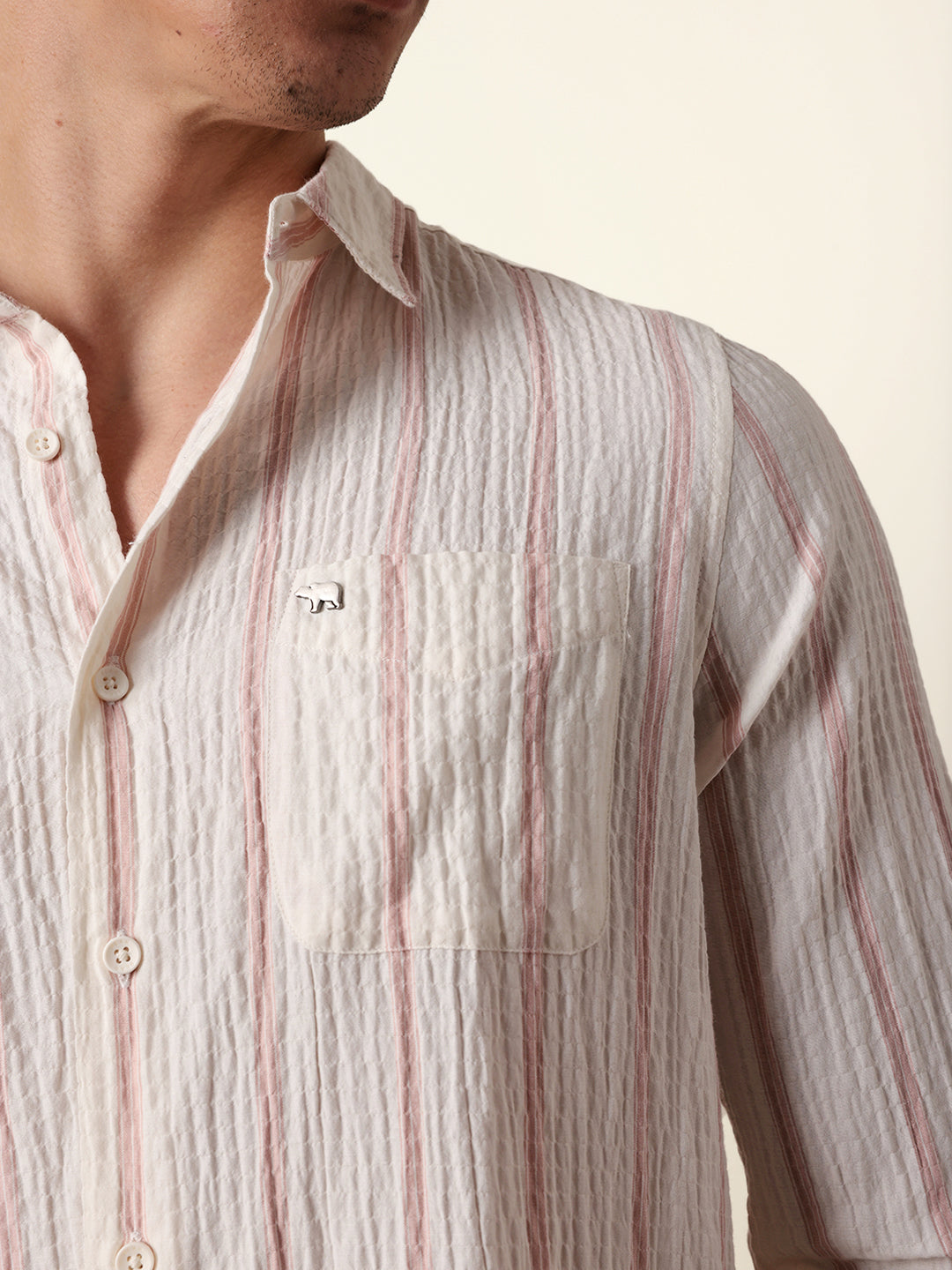 Off white with Pink Vertical Textured Stripe Regular Fit Casual Shirt