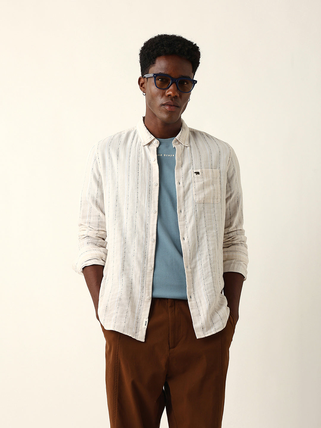Cream Woven Vertical Striped Slim Fit Casual Shirt