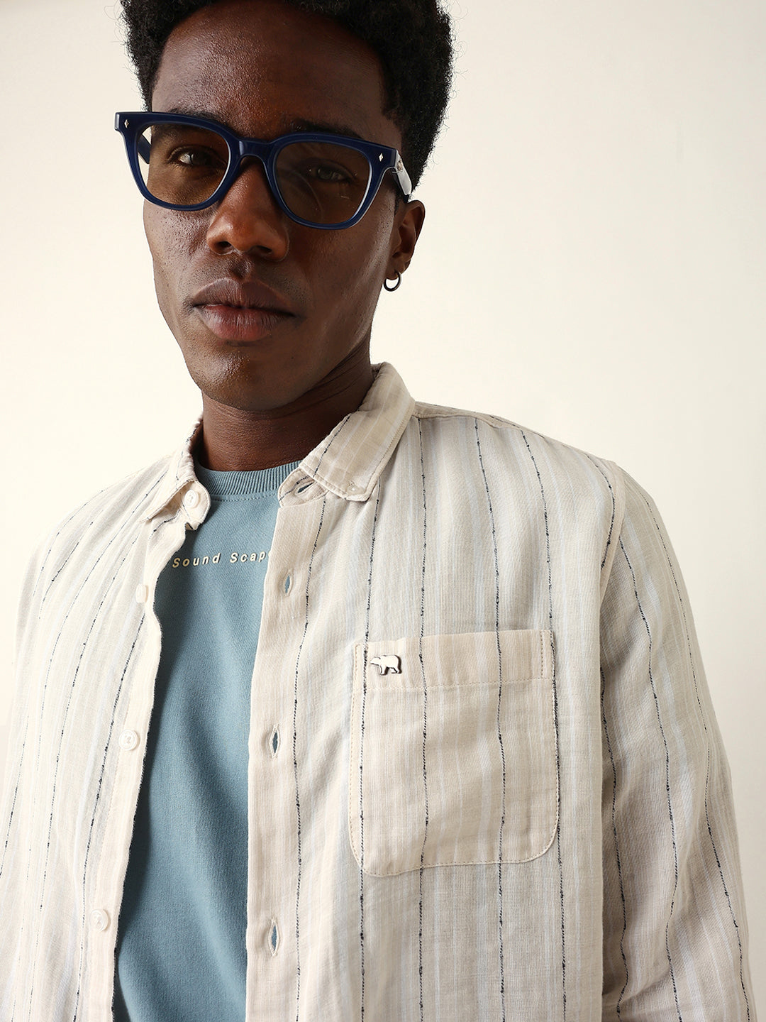 Cream Woven Vertical Striped Slim Fit Casual Shirt