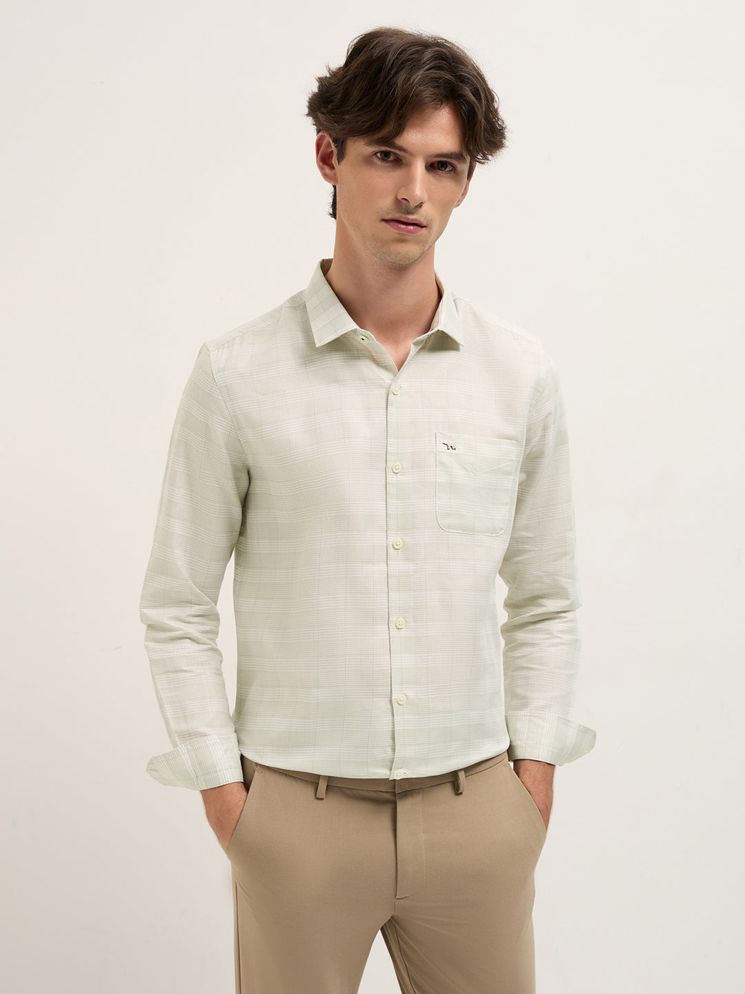 Light Green Woven Checked Design Tailored Fit Formal Shirt