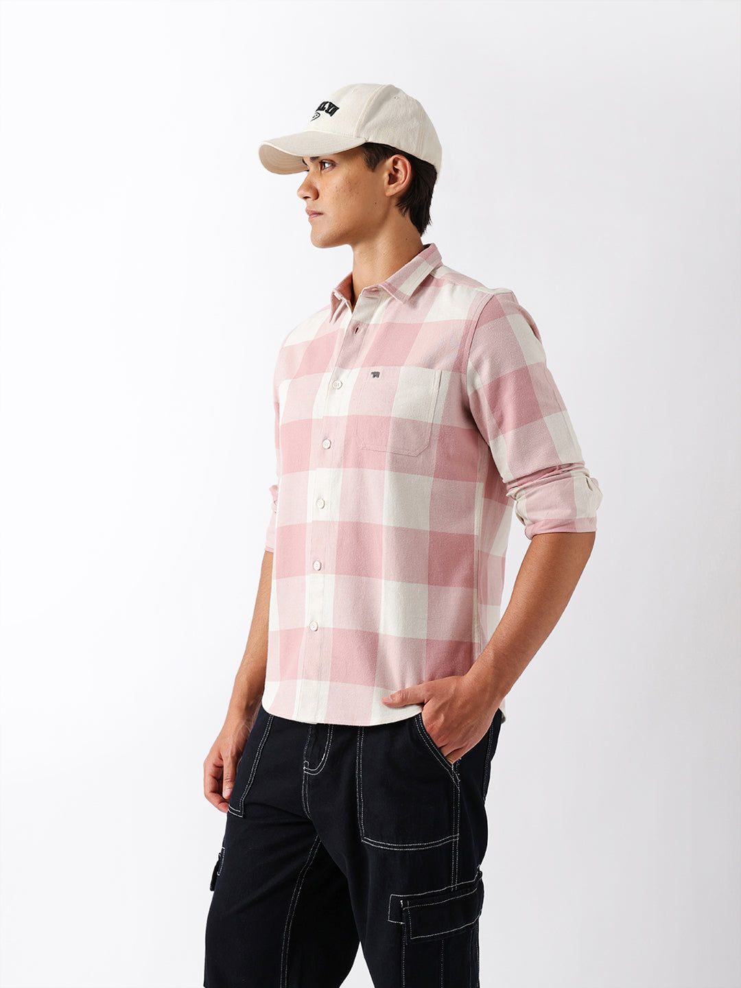 Pink & Cream Flannel Block Check Regular Fit Casual Shirt