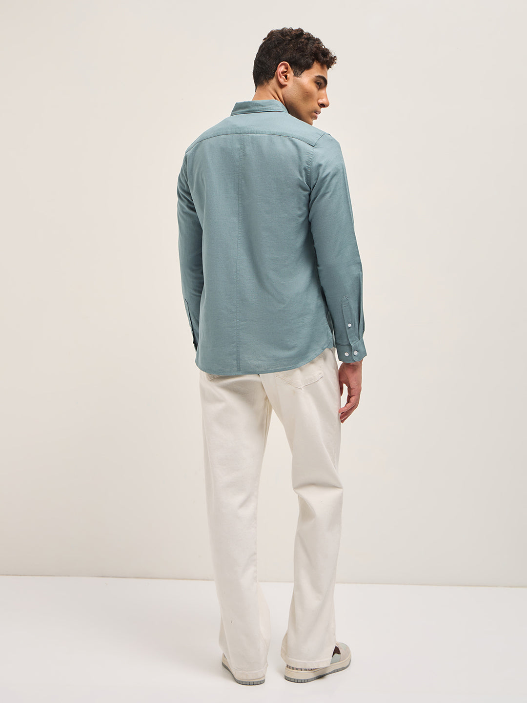 Teal Blue Cotton Linen Slim Fit Solid Casual Shirt