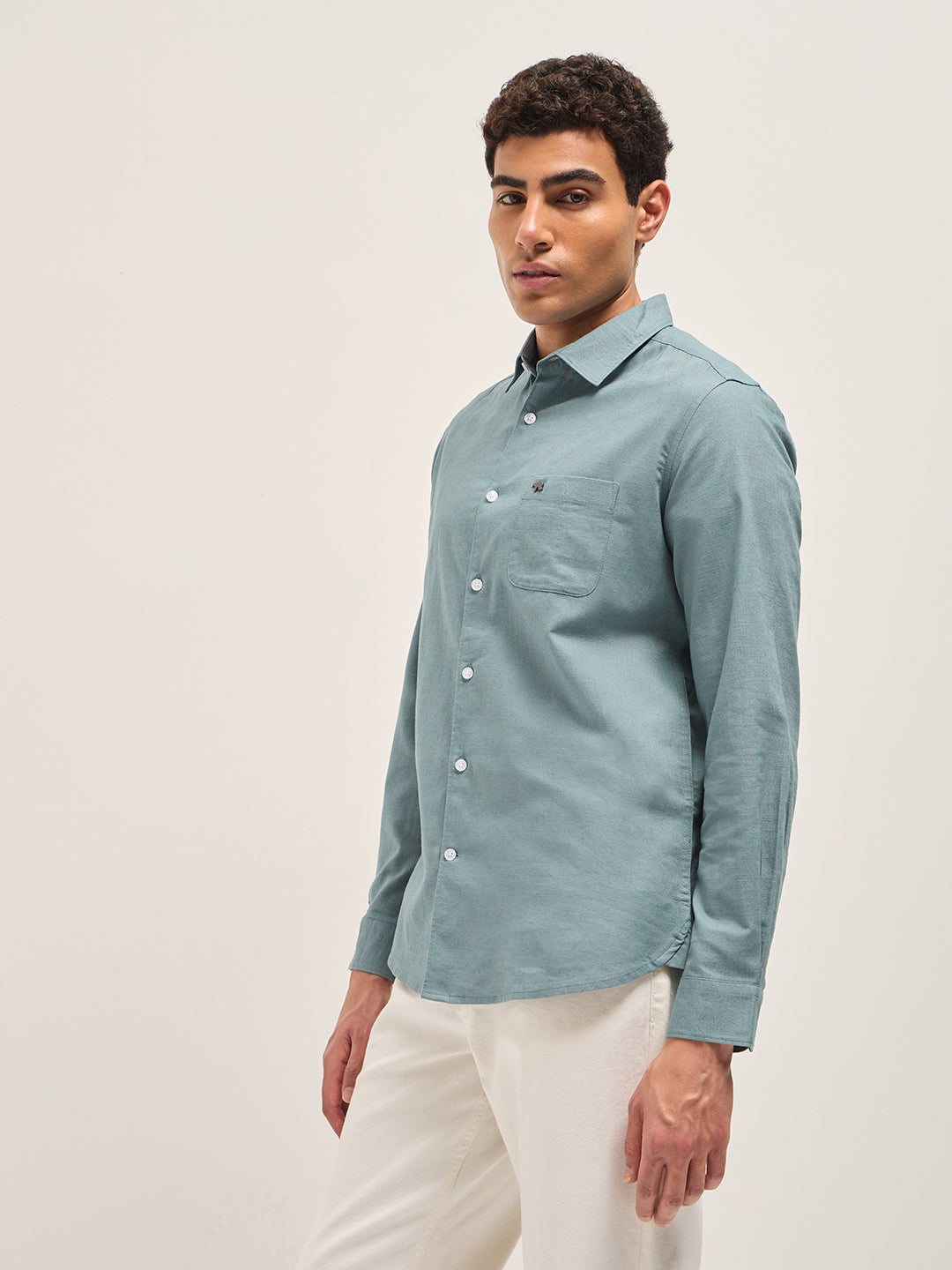 Teal Blue Cotton Linen Slim Fit Solid Casual Shirt