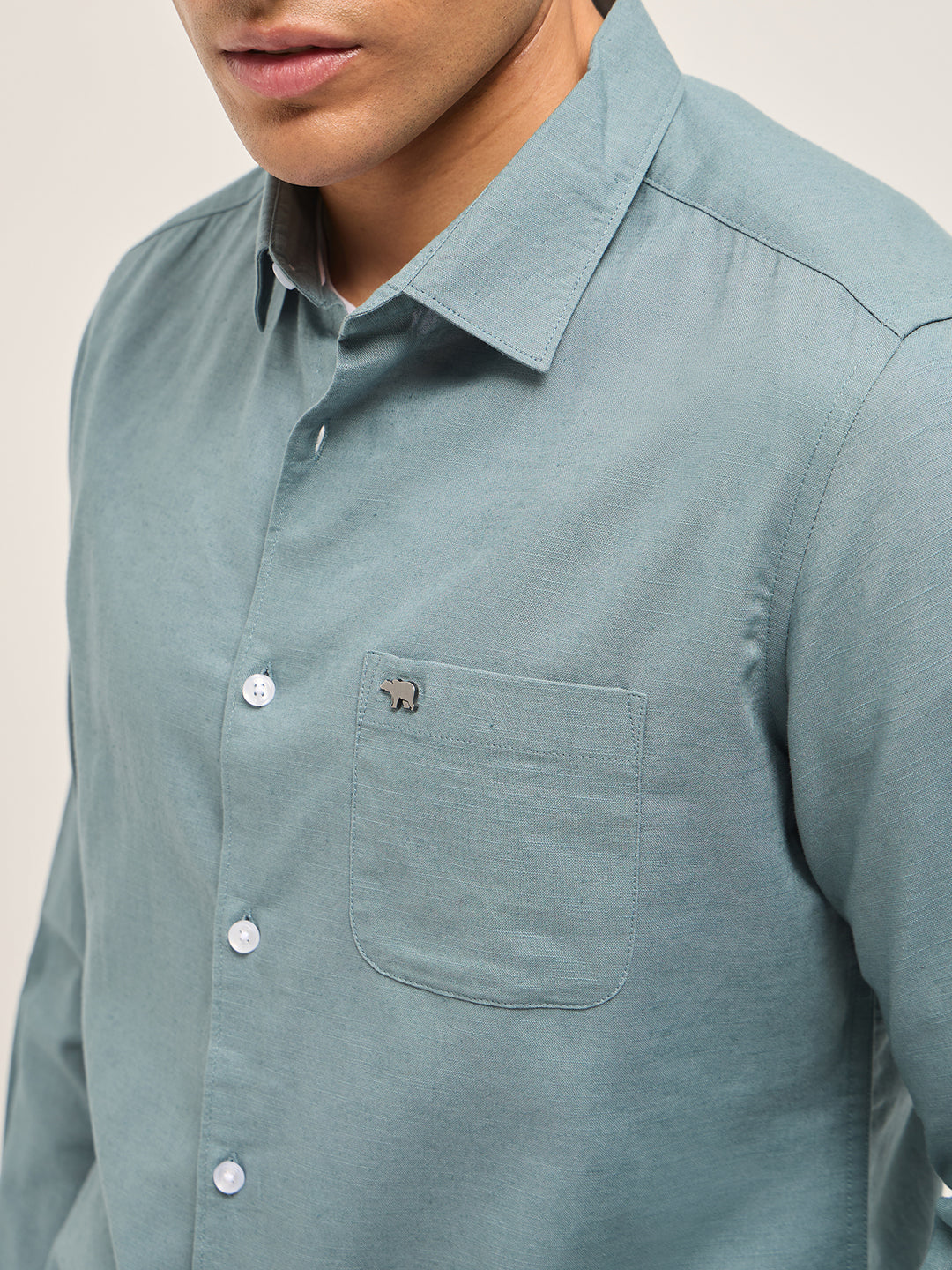 Teal Blue Cotton Linen Slim Fit Solid Casual Shirt
