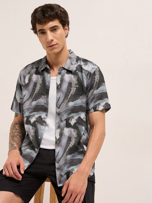 Grey Textured Check Abstract Digital Print Relaxed Fit Casual Shirt