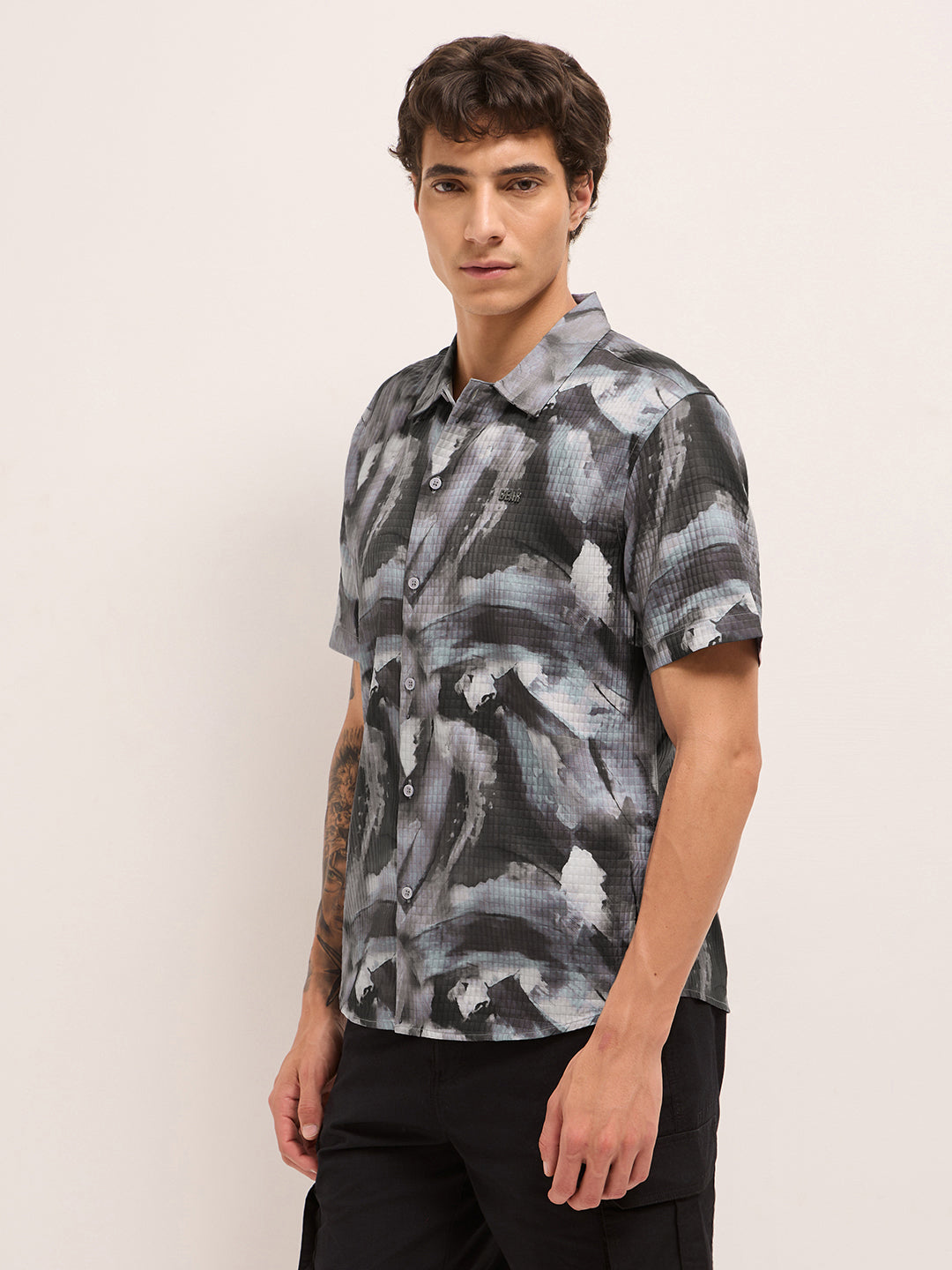 Grey Textured Check Abstract Digital Print Relaxed Fit Casual Shirt