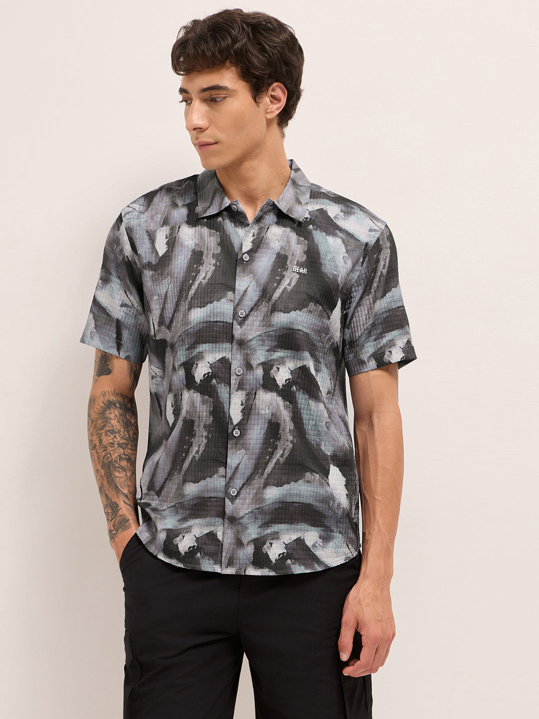 Grey Textured Check Abstract Digital Print Relaxed Fit Casual Shirt
