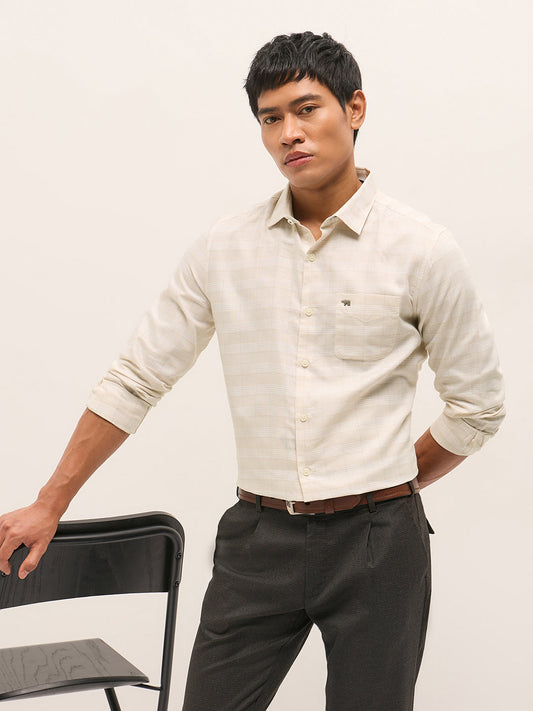 Beige Woven Checked Design Tailored Fit Formal Shirt