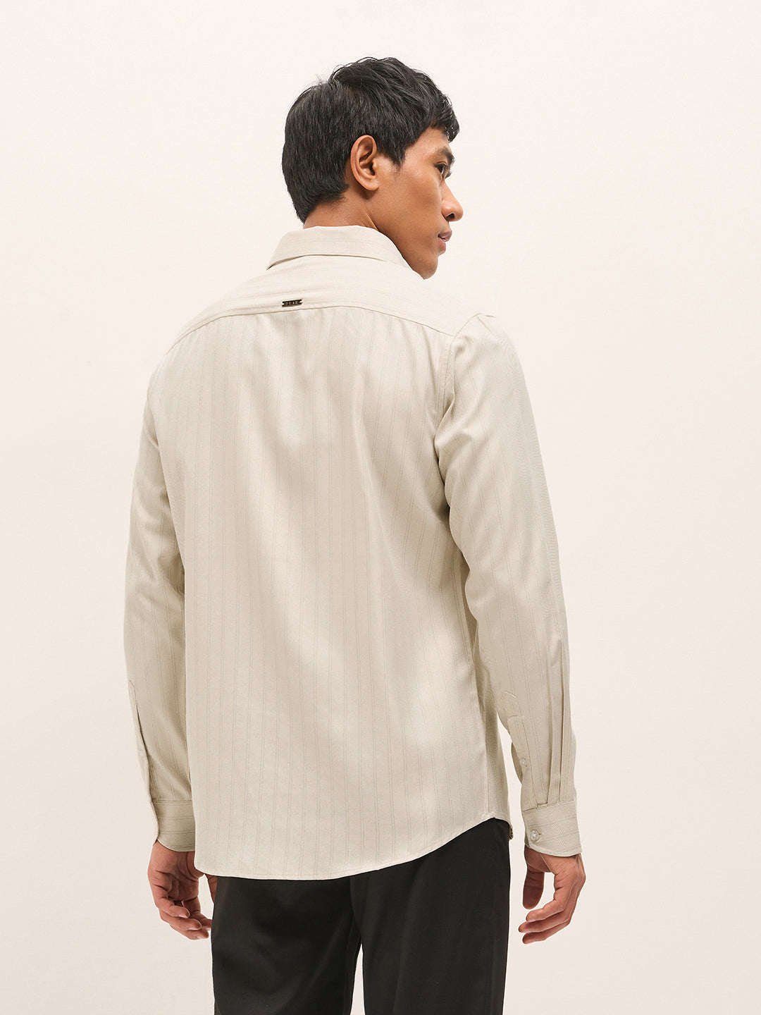 Beige Woven Stripe Pattern Tailored Fit Formal Shirt