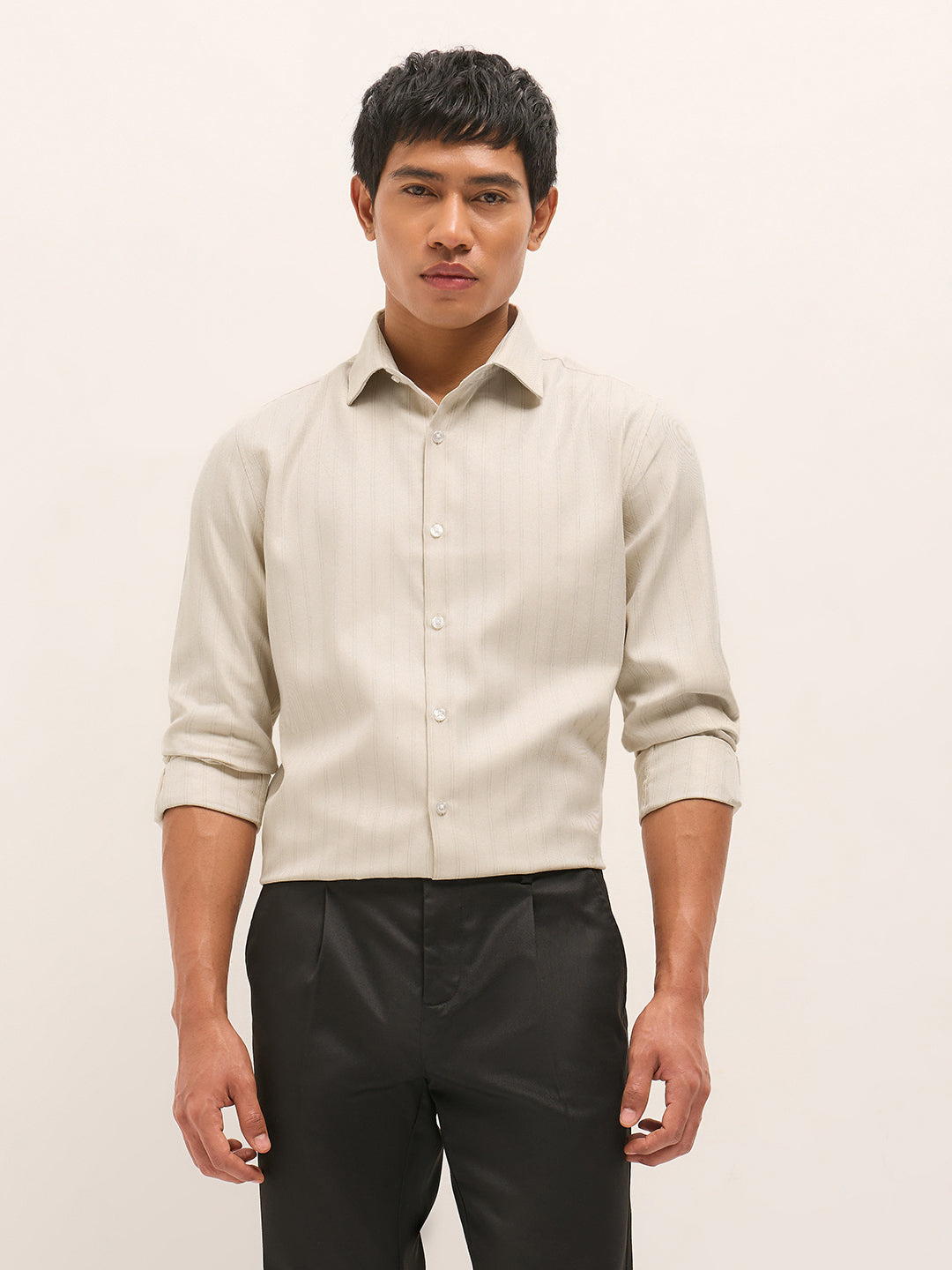 Beige Woven Stripe Pattern Tailored Fit Formal Shirt