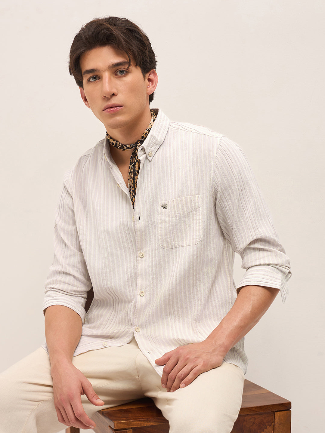 Pink Slim Fit Casual Shirt with Woven Vertical Textured Stripes