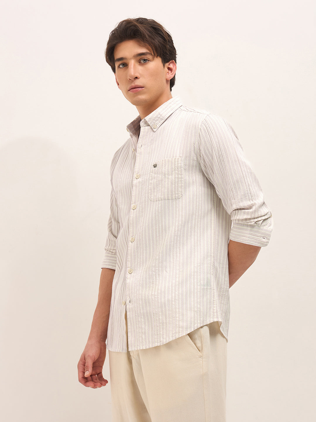 Pink Slim Fit Casual Shirt with Woven Vertical Textured Stripes