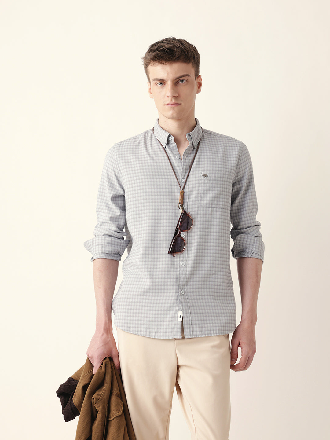 Grey & Light Blue Woven Micro-Checked Slim Fit Casual Shirt