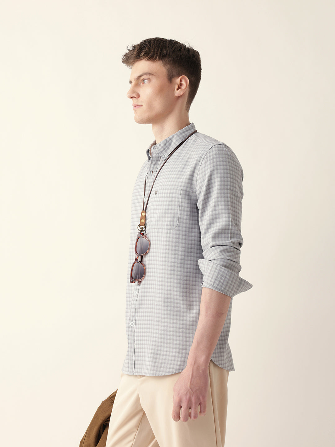 Grey & Light Blue Woven Micro-Checked Slim Fit Casual Shirt
