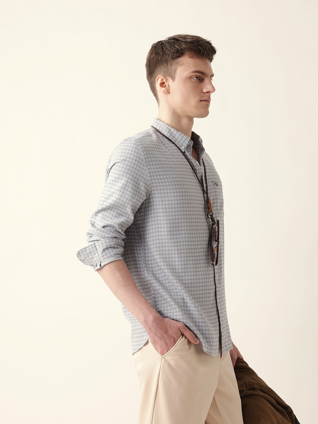 Grey & Light Blue Woven Micro-Checked Slim Fit Casual Shirt