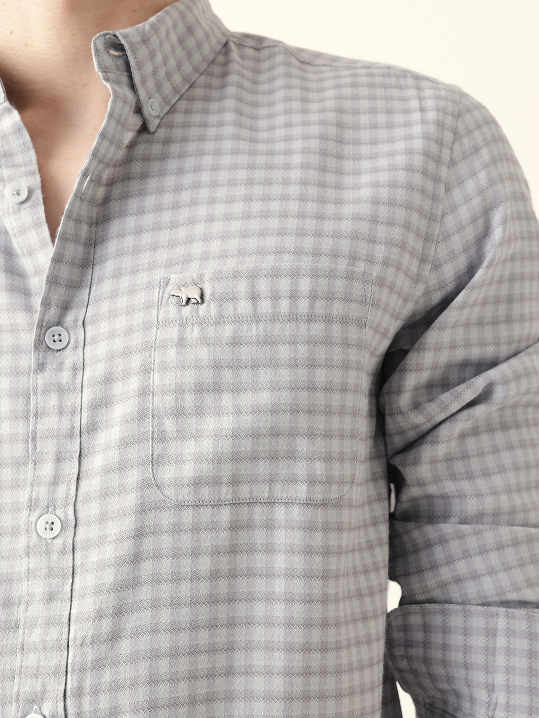Grey & Light Blue Woven Micro-Checked Slim Fit Casual Shirt
