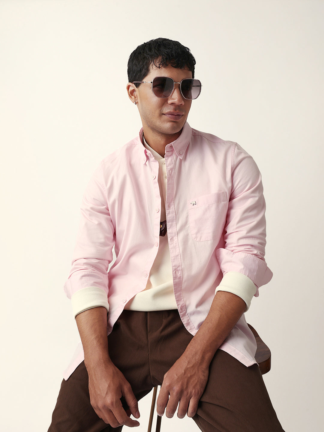 Pink Solid Slim-Fit Casual Shirt with Button-Down Collar