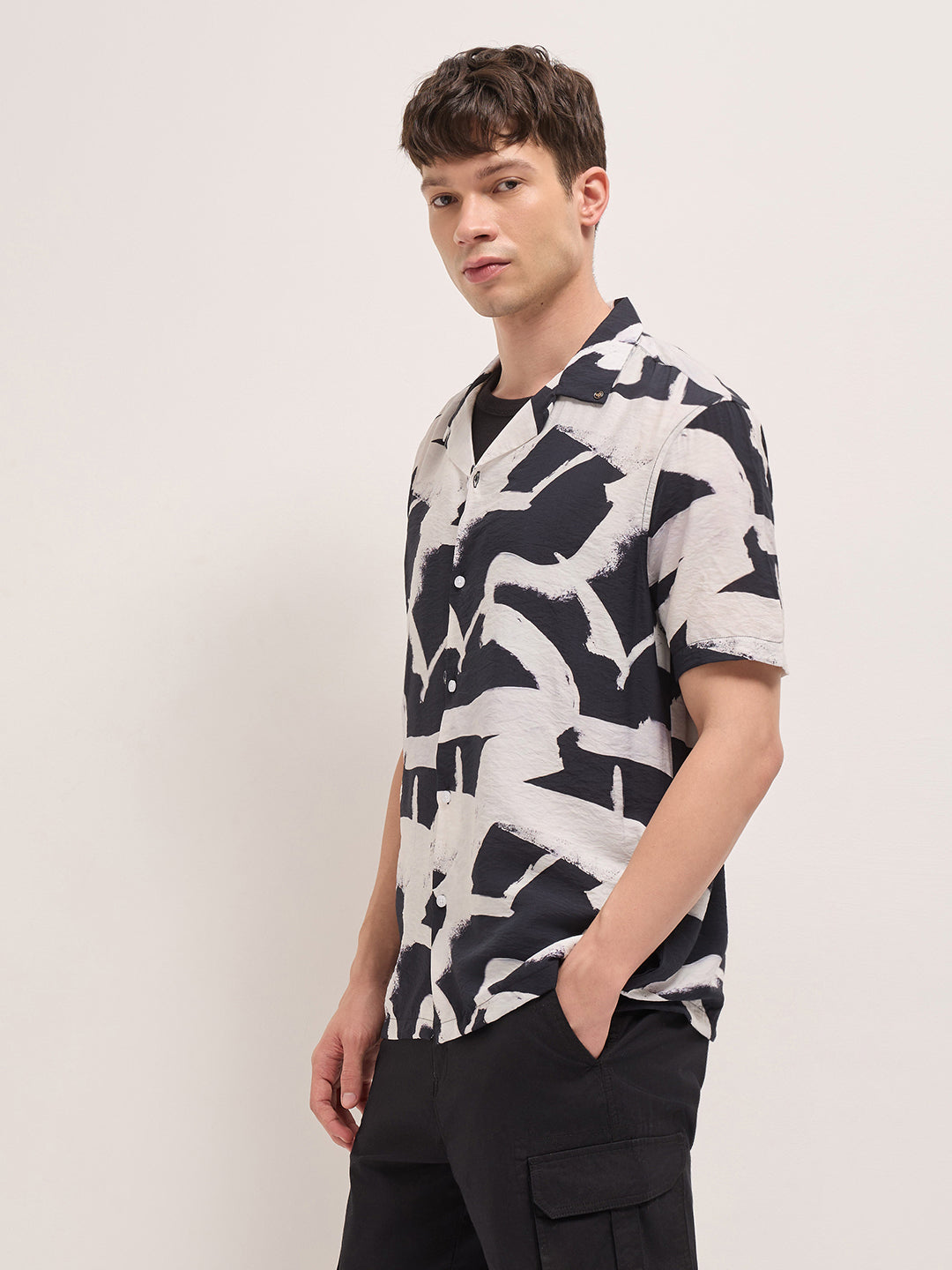 Black Abstract Brushstroke Print Relaxed Fit Cuban Collar Casual Shirt