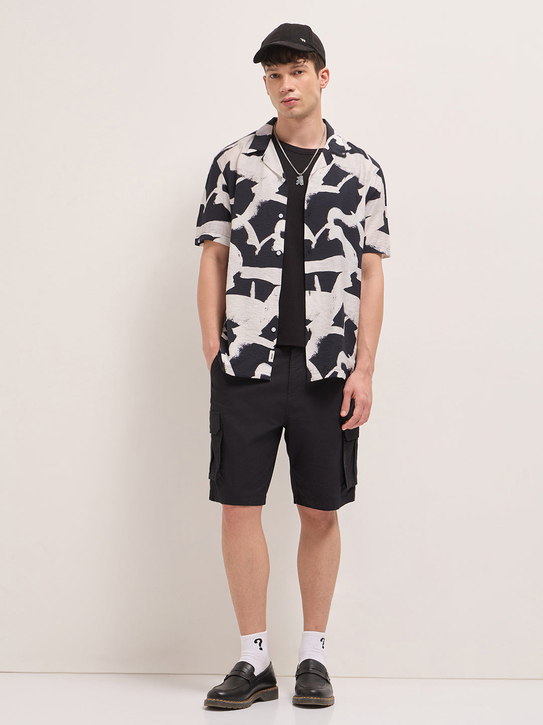 Black Abstract Brushstroke Print Relaxed Fit Cuban Collar Casual Shirt