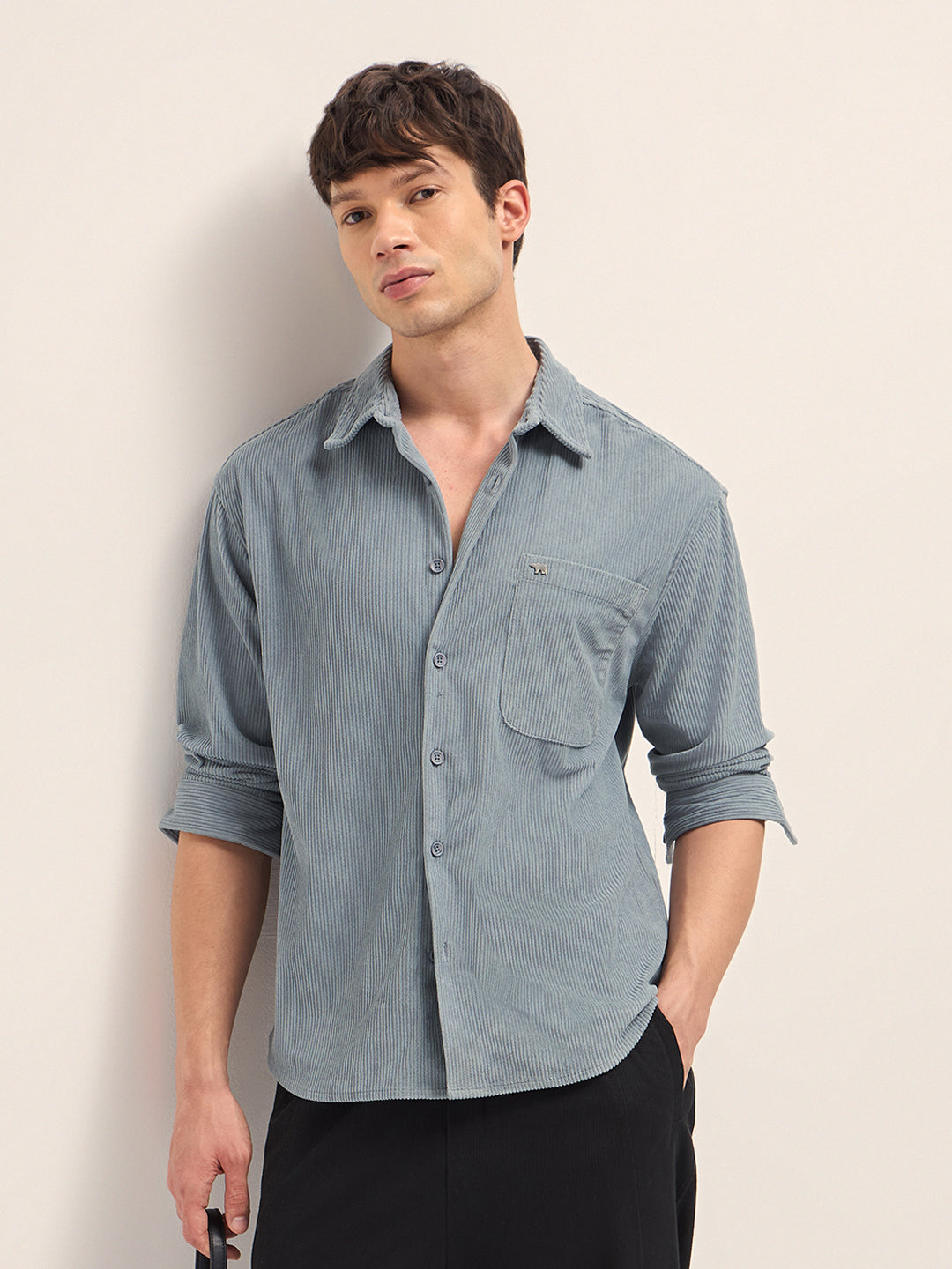 Grey Corduroy Relaxed Fit Textured Overshirt