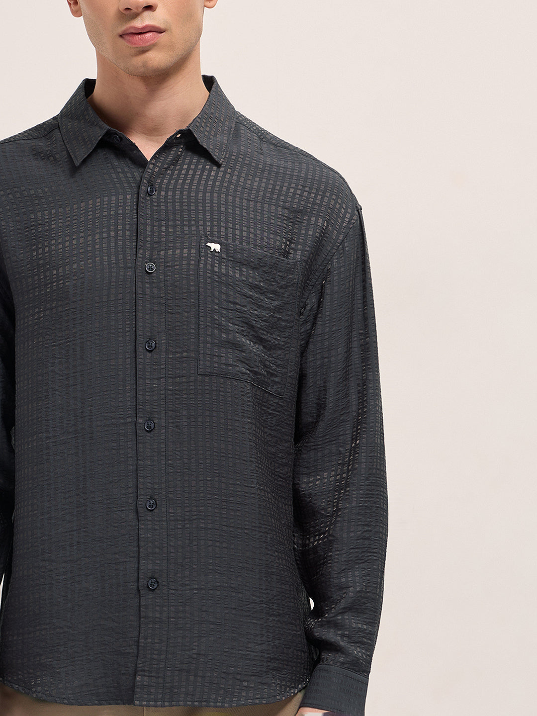 Purple Crinkled Stripe Textured Relaxed Fit Long Sleeve Shirt